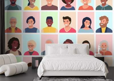 Set of persons, avatars, people heads of different ethnicity and age in flat style. Multi nationality social networks people faces collection. Wall mural