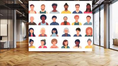 Set of persons, avatars, people heads of different ethnicity and age in flat style. Multi nationality social networks people faces collection. Wall mural