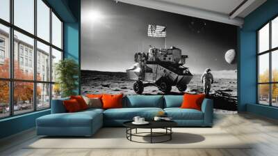 Apollo 11 landing on the moon, surrealism, American, black and white Wall mural