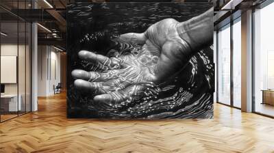 A hand is reaching into a body of water, creating ripples in the water Wall mural