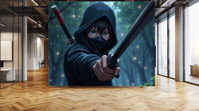 A manga person is holding a sword and wearing a black hoodie Wall mural