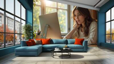 A woman is sitting at a desk with a computer monitor in front of her Wall mural