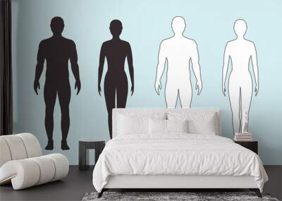 Male and female silhouette on blue background, vector. Wall mural