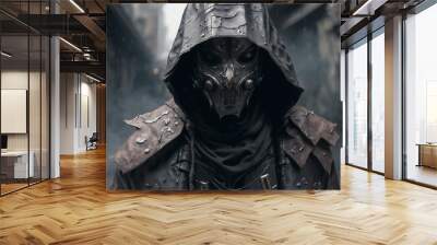 A portrait of a man wearing a dark leather assassin costume and a mask, with a long black cloak, in a Gothic Steampunk style - Generative AI Wall mural