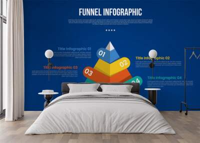 funnel infographic with creative 3d pyramid with round badge with 4 point with dark style for slide presentation Wall mural