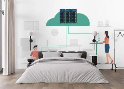 Men and women utilize cloud hosting server cluster to maintain website performance modern flat cartoon style. Wall mural