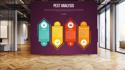 PEST analysis infographic template with dark gradient background style with creative arrow box shape with outline up and down 4 point for slide presentation Wall mural