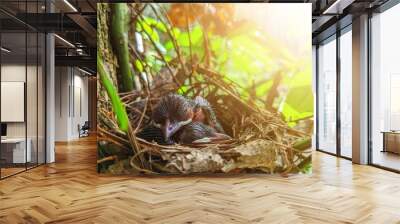 Two baby birds in a cage are sleeping Wall mural