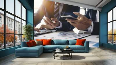 Legal and businessman advisor, two business people talking, planning analyze investment and marketing on tablet in office Wall mural