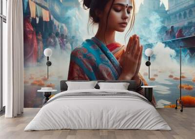 indian woman river bath Wall mural