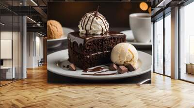 chocolate cake on a plate with ice cream on top	 Wall mural