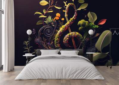 Close-up surreal colorful treble clef with plants. AI Generative. Generative AI Wall mural