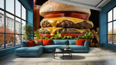 delicious double cheeseburger with fries on side. Wall mural