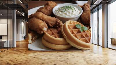 fried chicken and waffles on a plate Wall mural