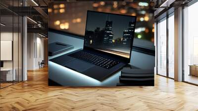 Perspective view on dark modern blank laptop screen with space for your logo on stylish illuminated office table with papers on blurred night city background, close up. 3D rendering,. Generative AI Wall mural