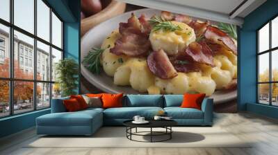 potatoes topped with cheese, bacon and herbs Wall mural