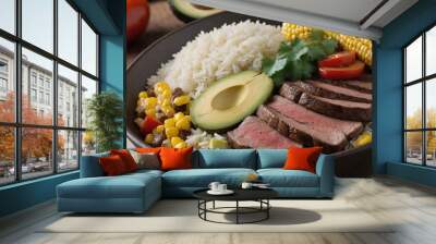 steak and avocado in a bowl with rice, grilled corn, and peppers Wall mural