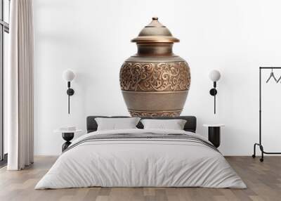 A Ornate Brass Urn With Intricate Floral Engravings Against A White Background on a Clear PNG or White Background. Wall mural