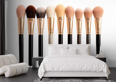 A Row of Soft, Fluffy Makeup Brushes Against a White Background on a Clear PNG or White Background. Wall mural