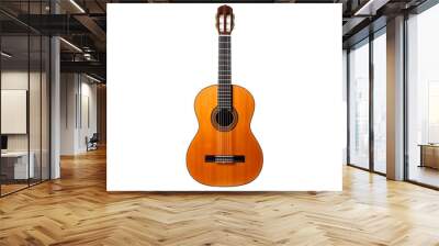 A small acoustic guitar with a wooden body. The guitars compact size and rich wood grain are highlighted, showcasing its craftsmanship and traditional design. On PNG Transparent Clear Background. Wall mural