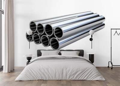 A Stack of Shiny Steel Tubes Reflecting Light in a Warehouse on a Clear PNG or White Background. Wall mural