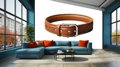 A Tan Leather Belt With a Silver Buckle on a Clear PNG or White Background. Wall mural