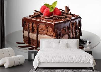 Chocolate Cake on White Plate. A piece of chocolate cake sits on a pristine white plate. The rich, decadent cake is topped with a glossy chocolate ganache, inviting a delicious indulgence. Wall mural