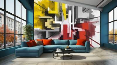  vibrant and dynamic blend of yellow, grey, pale brown, solid red and ocher colors, watercolor and black ink style with shapes and lines creating a sense of energy and movement. Wall mural