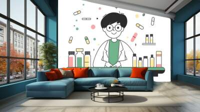 A colorful depiction of a scientist in a laboratory filled with medicine. Wall mural