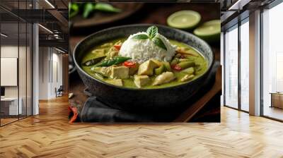 An appetizing still life showcasing a bowl of green curry with rice. Wall mural