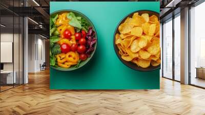 Contrasting healthy salad with unhealthy chips in a vibrant display. Wall mural