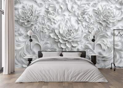 Elegant marble wall adorned with floral sculptures. Wall mural