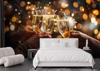 Friends cheer with champagne glasses at festive event Wall mural