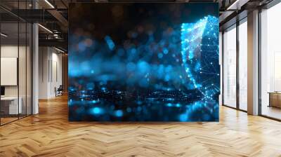 Representing cyber security and insurance protection in a modern and geometric style, the abstract blue guard shield with cogwheels is showcased against a geometric background with a wireframe. Wall mural