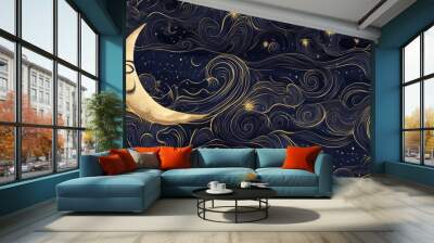 Seamless Sky Pattern Featuring Human Face on Crescent Moon Wall mural