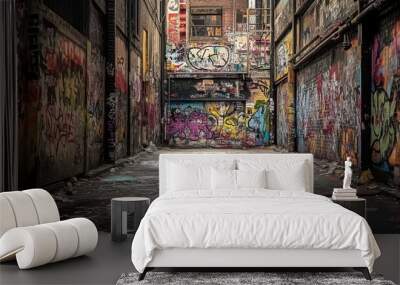 Urban alleyway showcasing vibrant graffiti art. Wall mural