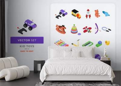 various cute children's toys for little boys and girls isometric vector isolated set Wall mural