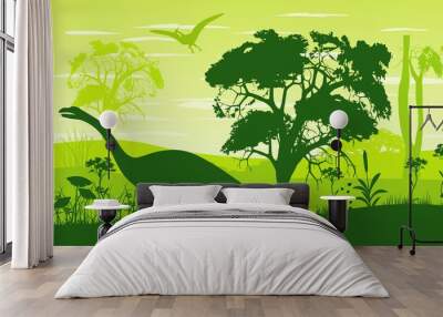 Prehistoric vector landscape, forest and dinosaurs silhouettes Wall mural