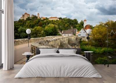 View on the Harburg Castle from the bridge over the river of Wornitz in the city of Harburg in Bavaria, Germany. It is a part of the scenic route called 