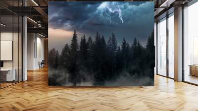 thunderstorm with lightning at sunset in a fir forest Wall mural