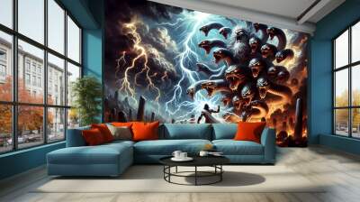 illustration of the epic battle between the mythological creature Typhon and Zeus, set against the backdrop of a stormy sky Wall mural