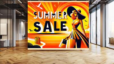 Summer sales banner with vibrant orange and yellow background with fashion woman holding shopping bags Wall mural