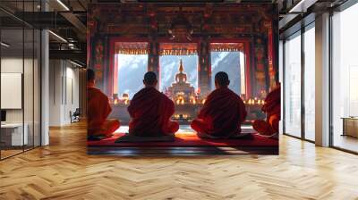 Tibetan monks meditating in a serene monastery. Captured in the Himalayan mountains Wall mural