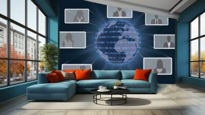 Illustrazione 3D. Sfondo mondo digitale. Sequenza di zero e uno concetto di connessione globale tra persone, social network, e dispositivi informatici. Wall mural