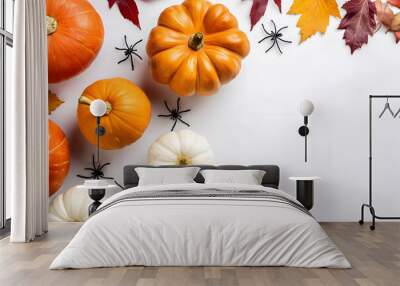 Zucca ed elementi che richiamano la festa di Halloween. e dell'autunno con sfondo bianco e spazio per testo Wall mural