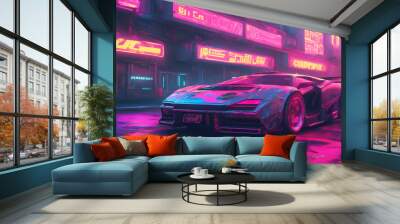 Aesthetic Synth Retro 80s Super car landscapes background 2 Wall mural