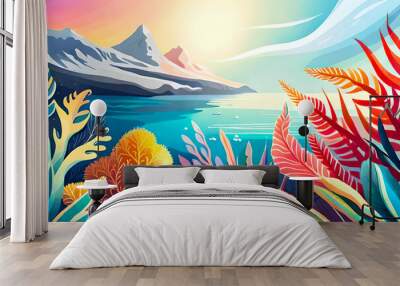 A watercolor vector background of translucent sea water with ‍sea fish and vibrant waves Wall mural