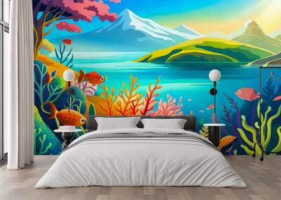 A watercolor vector background of translucent sea water with ‍sea fish and vibrant waves Wall mural