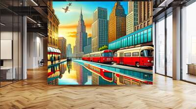 Colorful retro urban city, contemporary cartoon cityscape art illustration background Generative AI Wall mural