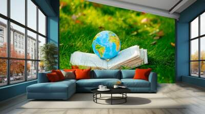 Earth globe on book on green grass with autumn leaves Wall mural